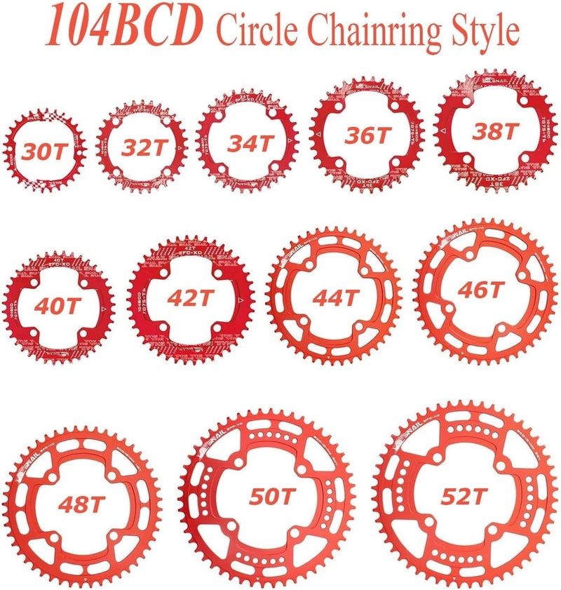 FOMTOR 104 BCD Chainring (30-52T) 7-12 Speed Compatible CNC 7075 Aluminum Narrow Wide Tooth Round Oval Chainrings for MTB/Road Bike Ebike Chainwheel Black/Red - Image 3